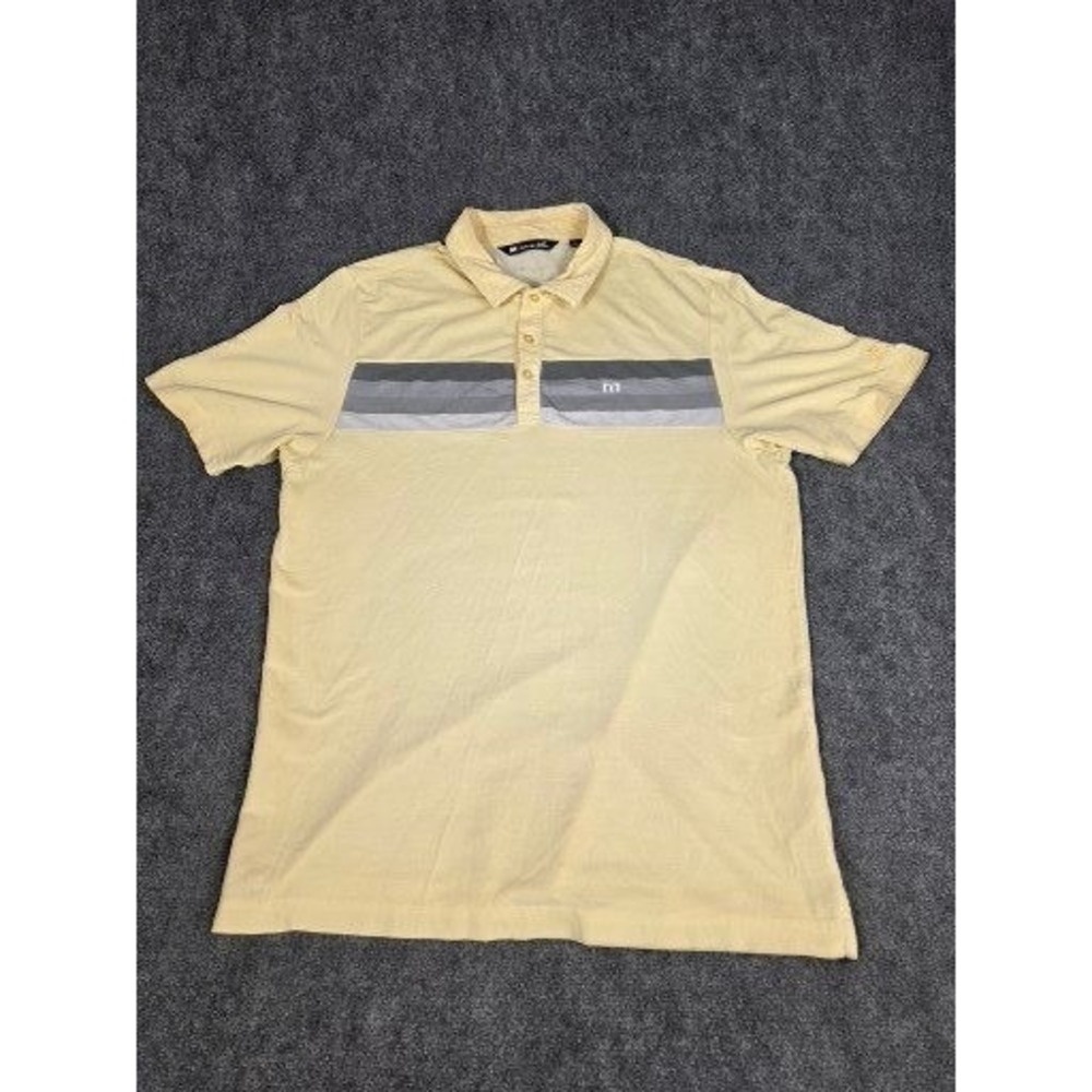 TravisMathew Polo Mens Large Yellow Gray Chest Stripe Pima Cotton Golf Shirt